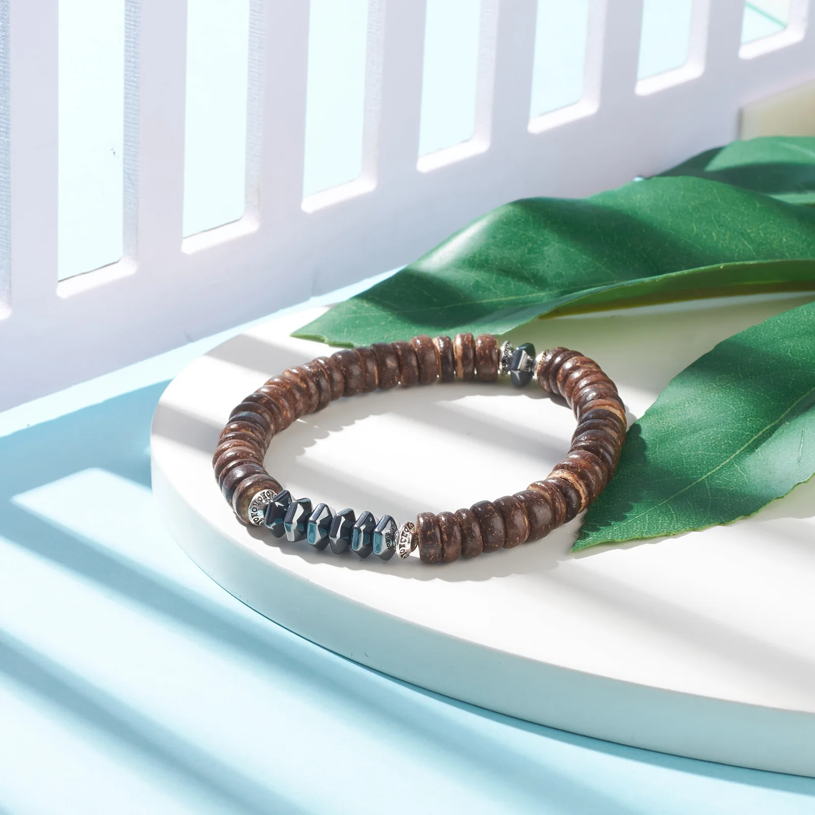 Pandahall 5.7cm Coconut & Synthetic Hematite Beads Stretch Bracelet