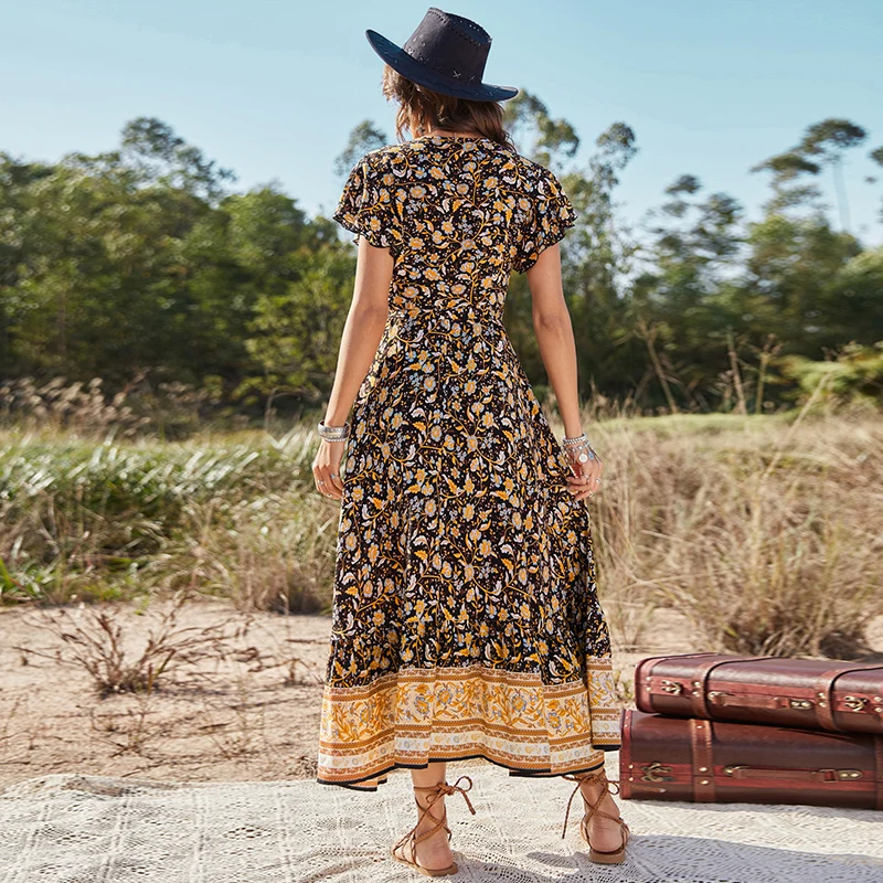 Casual Floral Print Bohemian Dresses Women Sexy A-Line Boho Long Dress Picnic Vacation Sunny Beach Chiffon Maxi Dresses