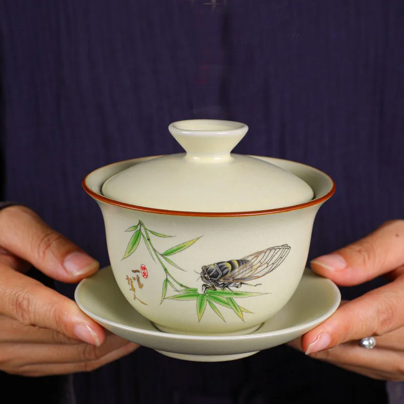 Ceramic Sancai Gaiwan Chinese Ru Yao Large Size Kongfu Tea Set Porcelain Tea Bowl Gai Wan With Different Colors and Pictures