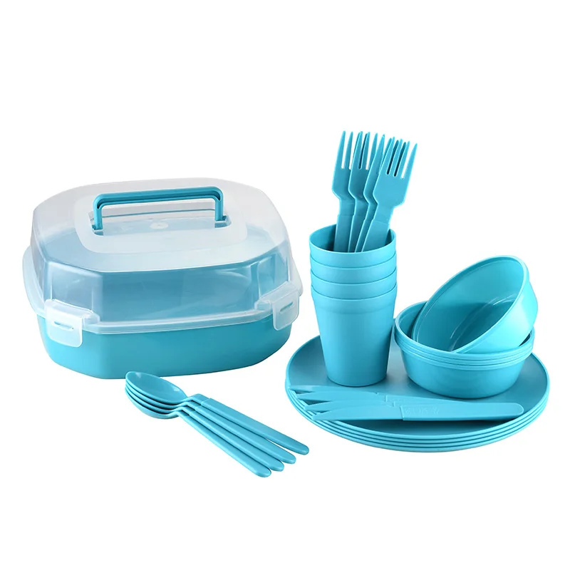 22pcs 26pcs portable lunch box plastic outdoor camping picnic tableware plastic dinnerware set