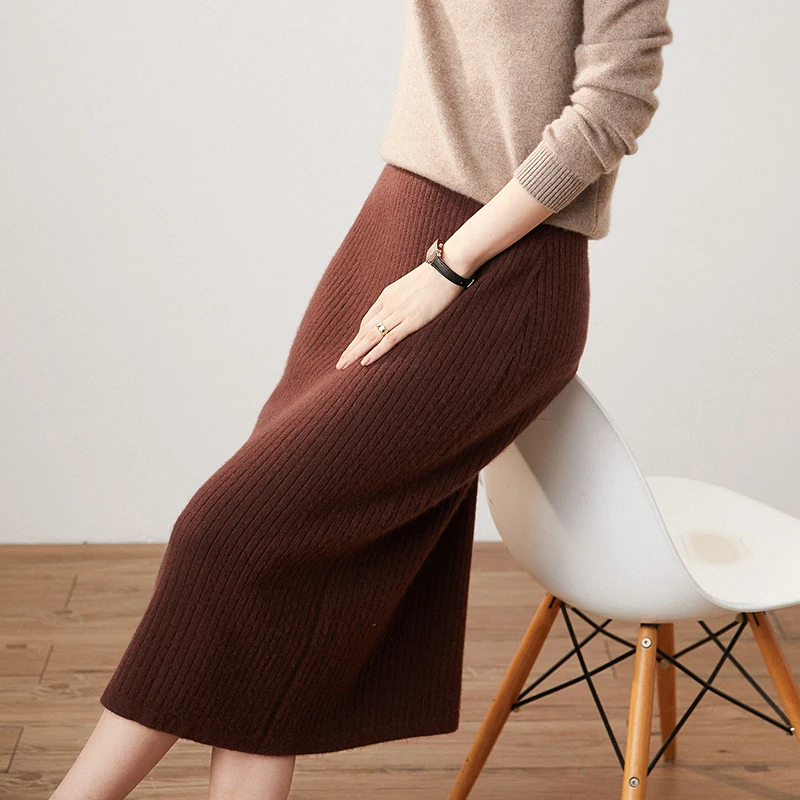 New Winter High-Waist Cashmere One-Step Over The Knee Dress Warm Knitted Half-Length