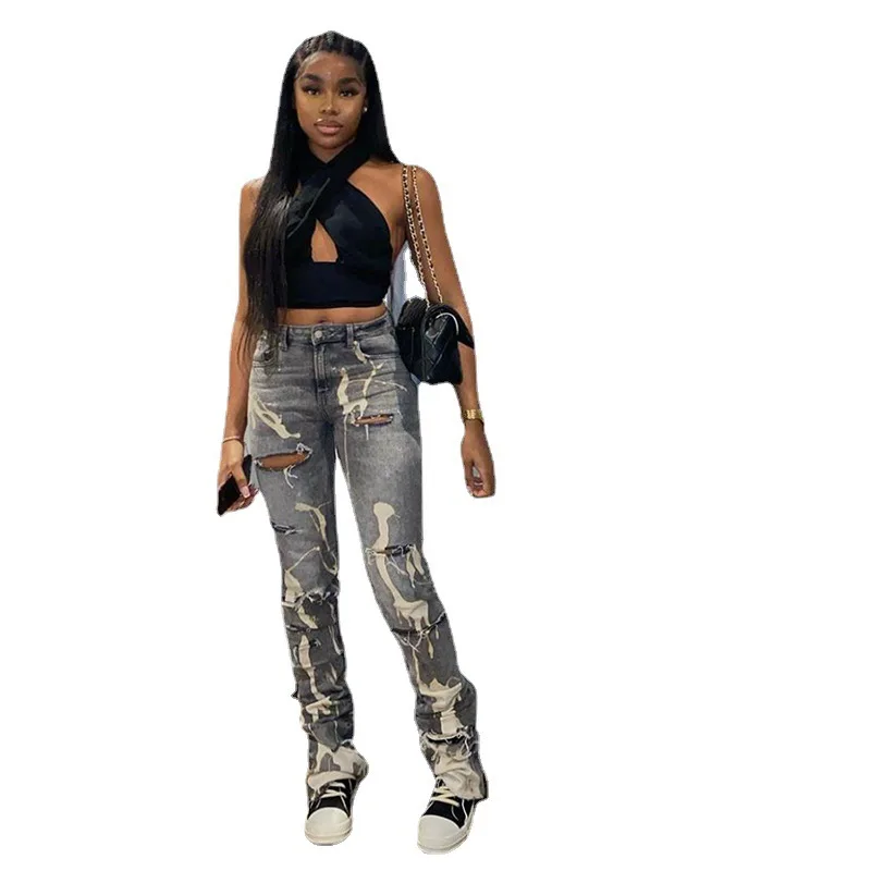 Hot Trendy Printing Cotton High Waist Denim Pants Ladies Wholesale Stacked Pants Ruched Trousers women printed jeans