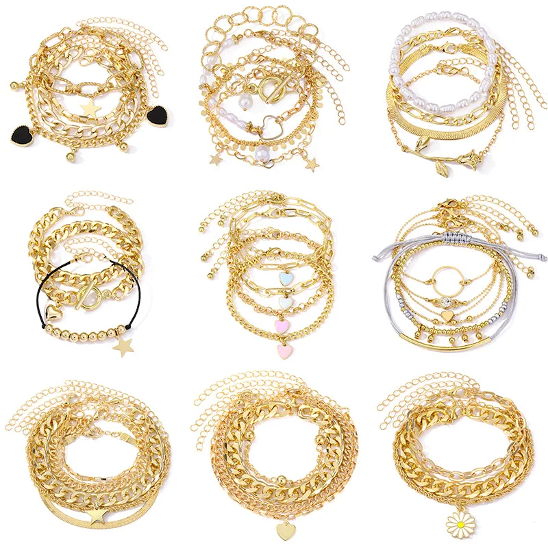 Personalized Thick Chain Bracelet Gold Shiny Chain Bracelet Set Jewelry Trendy Women Girls