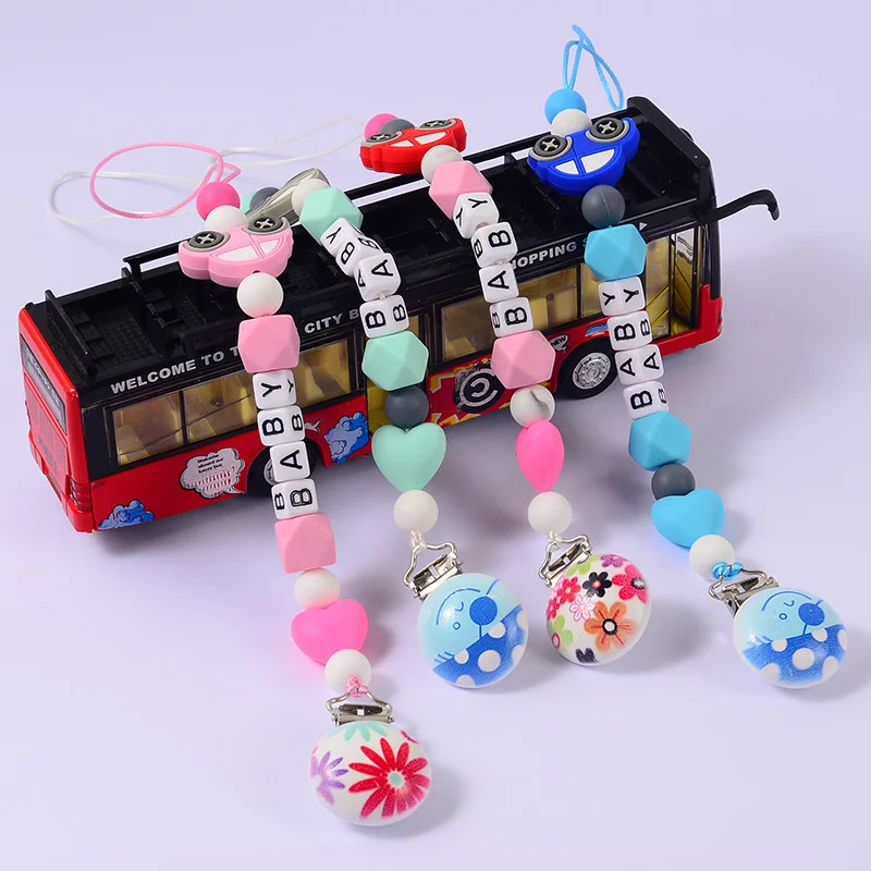 Custom Baby Personalised Name Pacifier Chain Silicone Car Wooden Clips Soother Pacifier Chain Nipple Holder for Baby Gifts