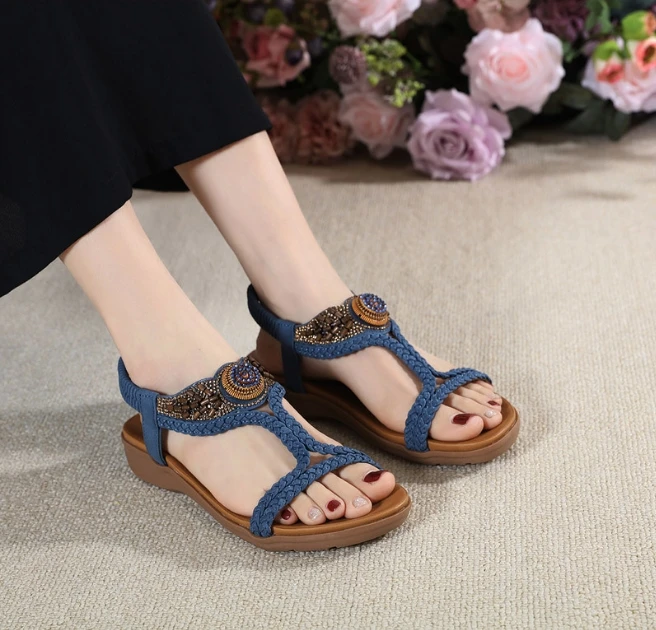 Summer New ladies Elastic Belt flats sandals Fashion Women Knitted beach Sandals wholesale women casual sandals customization