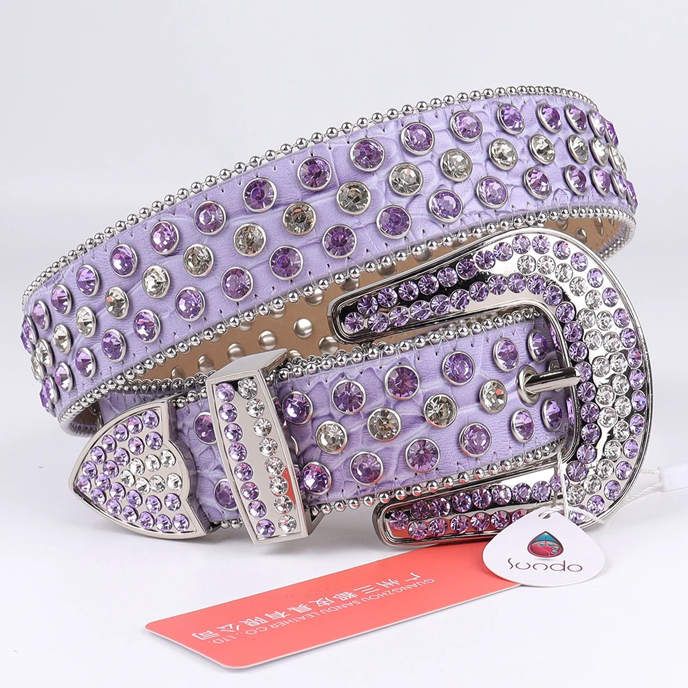 2021 New Designer Shiny Bling Bling Purple Alligator Leather Fashion Bad Girl Crystal Stud Kids Stone Belts for Women belts