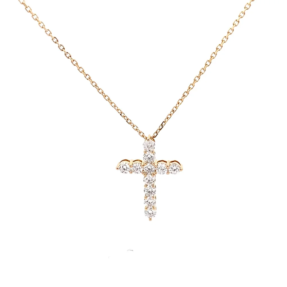 FirstMadam 14K Yellow Gold 1.1 CTS VVS Lab Diamond Cross Pendant Necklace For Stacking