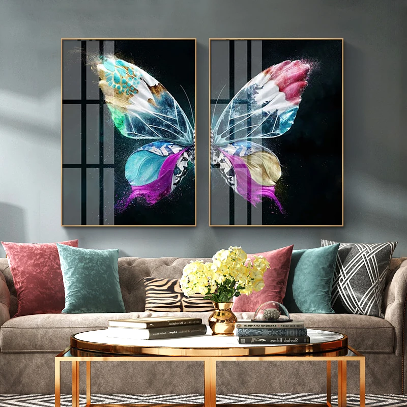 Wholesale 2 paintings Real butterfly picture Crystal Porcelain Painting acrylic glass wall art painting