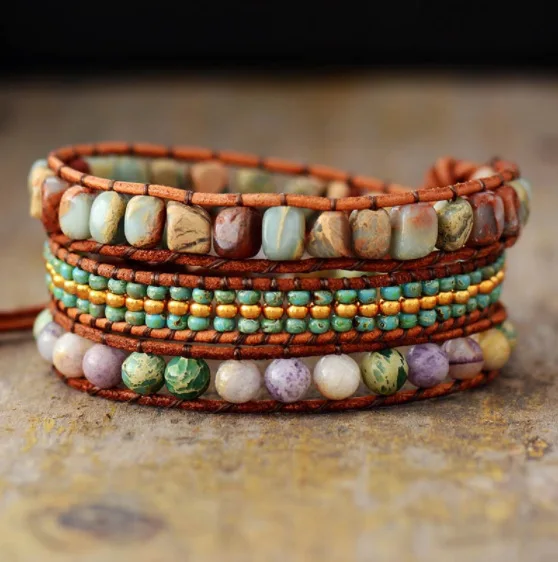 Fashion Boho Bijoux Bracelet African Natural Blend Jasper Multi-layer Bracelet Bohemian Charm 3 Strands Woven Wrap Bracelets