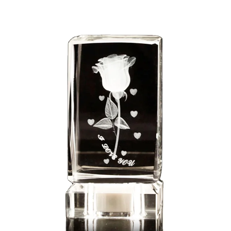 3D Laser Crystal Rose Cube & Block With Led Light Base