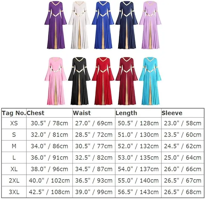 Liturgical Worship Costume Bi Color Bell Long Sleeve Church Robe Praise wear Women Metallic V Neck Praise Dance Dress