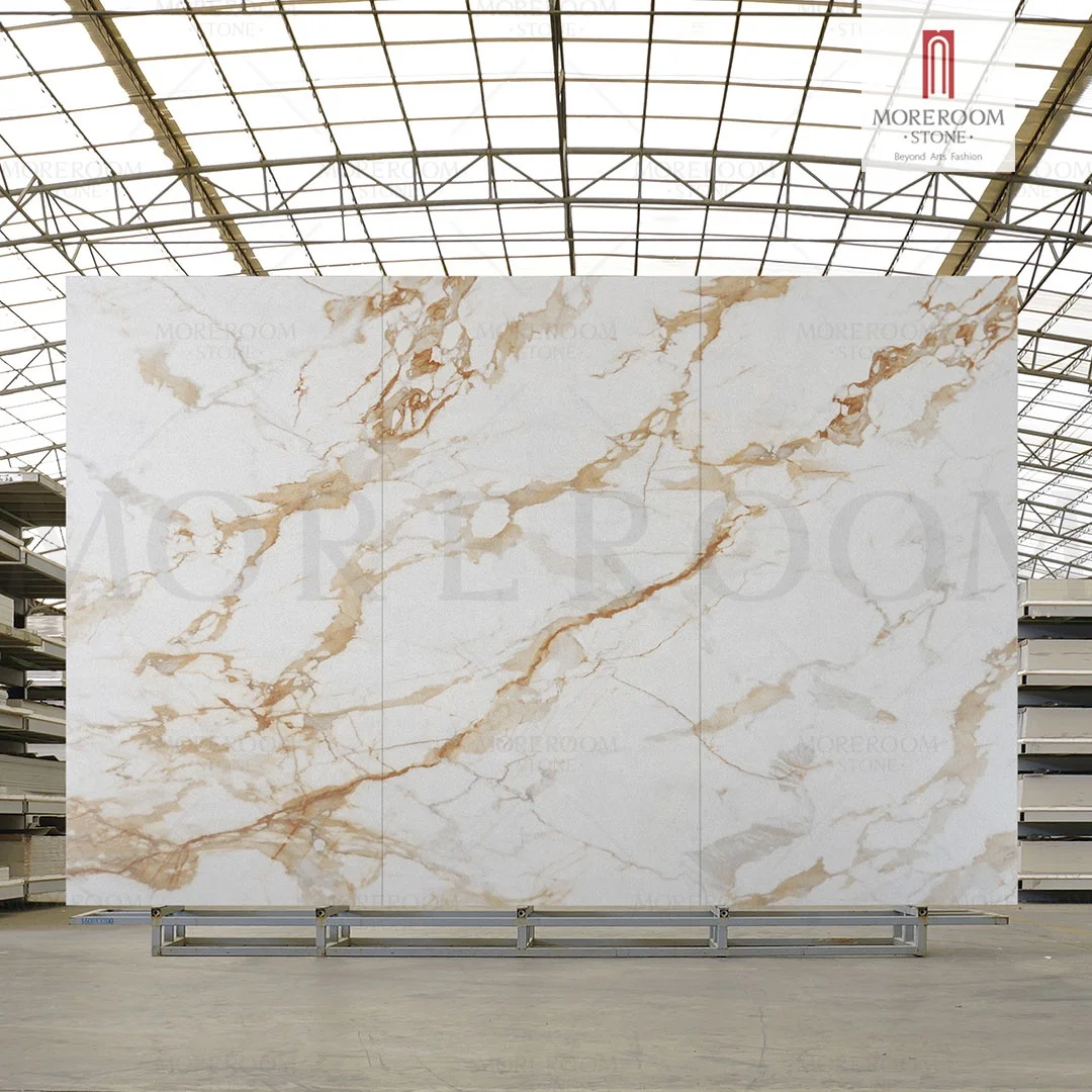 Hot Sale 1200*2400*6 Calacatta White Gold Veins Marble Sintered Stone Slabs Hotel Used