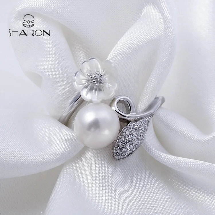 Manufacturer Wholesale Sharon Shell Flower Leaf 925 Sterling Silver Pearl Fashion Adjustable Ring For Women