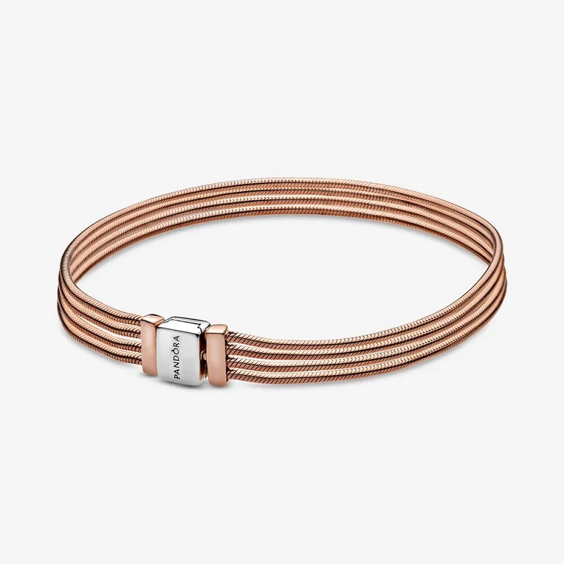 
S925 Sterling Silver Square Clasp 14K Rose Gold-Plated Metal Multi Snake Chain Bracelet Only Fit Pandora Reflexions Clip Charms 