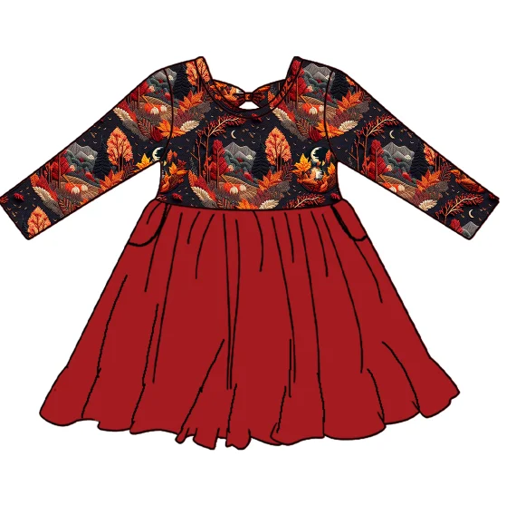 MR090 Halloween Baby Girl Lace Up Dress Custom Print Lovely Dress Baby Girl Pocket Frock