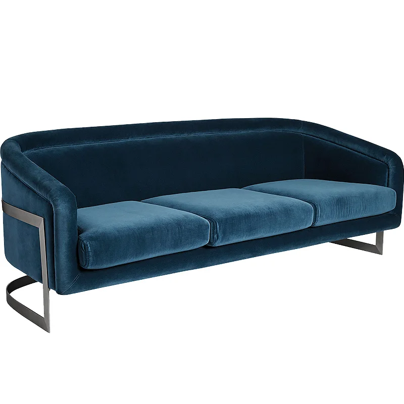 Light luxury metal frame three seater sofa blue flannelette sofa for living room