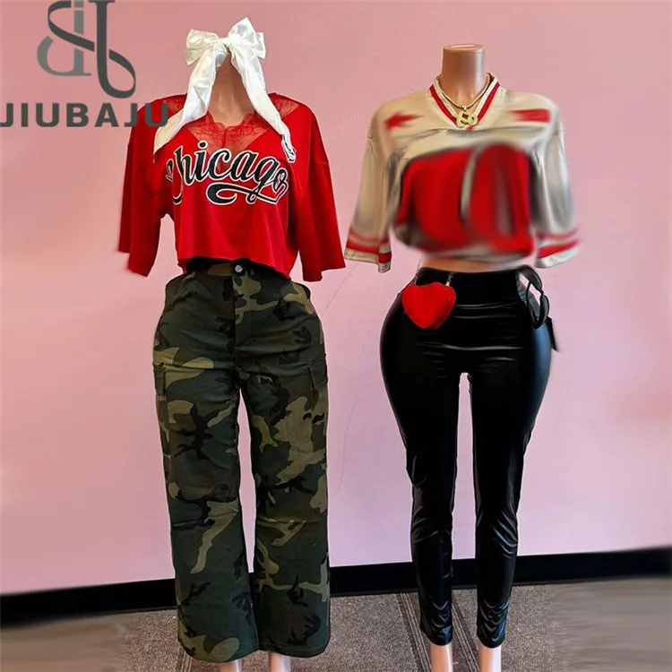 Three Piece Sets Women Letter Print Lace V Neck Loose T Shirt + Bowtie Hairpin And Camouflage Pants Set