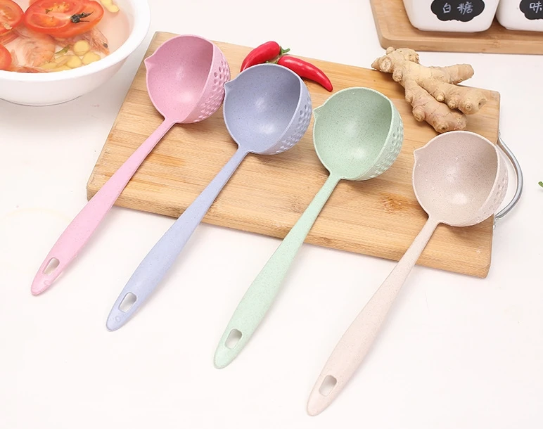 2in1 Long Handle Modern Design Wheat Straw Colander Soup Drainer Kitchen Accessories Tool Modern Style Soup Spoon and Drainer