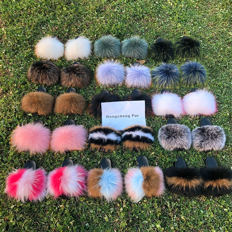
2021 NewLogo Customized Real Fur Slippers Hot Sale Fluffy Slipper Fashion Cute Wholesale Raccoon Fur Slides 
