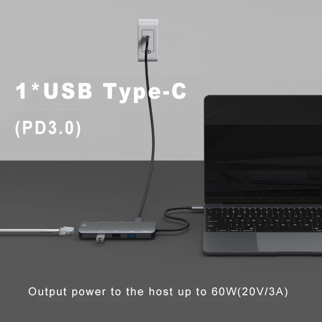 8 in 1 Hub HDM I SD/TF USB 2.0 3.0 RJ45 Tyoe C 60W  all in 1 8 Ports  USB C Hub for PC / Tablet / Mobile Phone