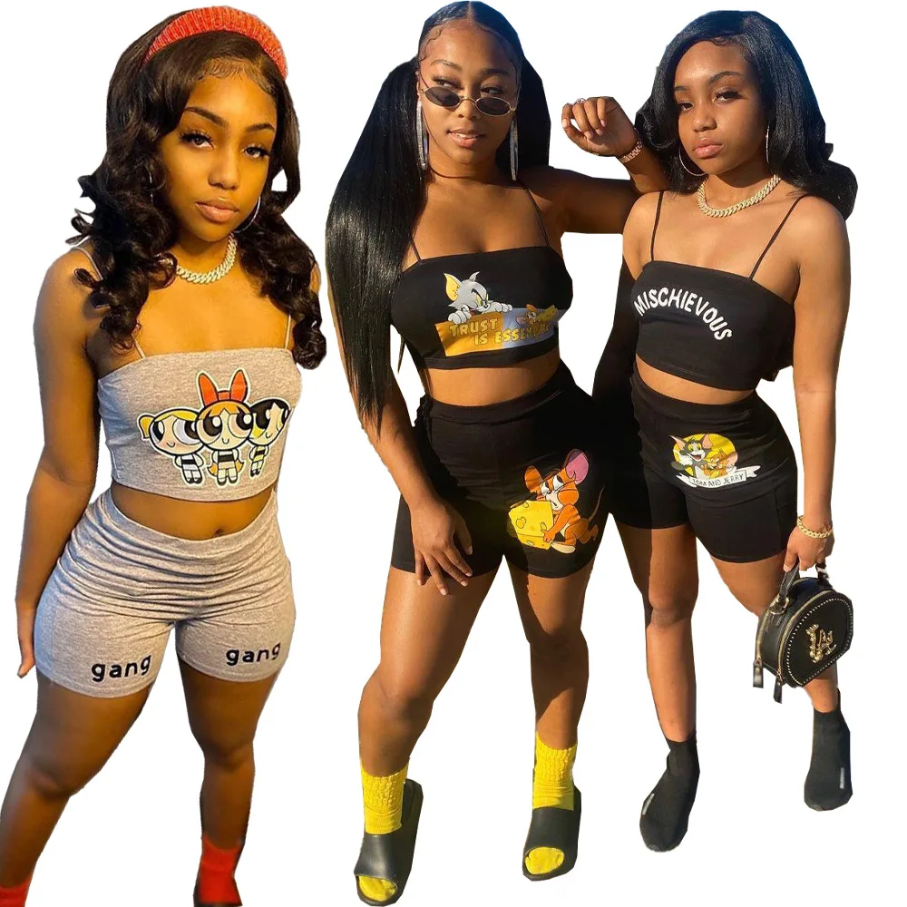 
Cartoon Print Crop Tops+Shorts Two Piece Set Women Low Neck Sleeveless Fitness Matching Sets Skinny Elastic Outfits Shorts Set 
