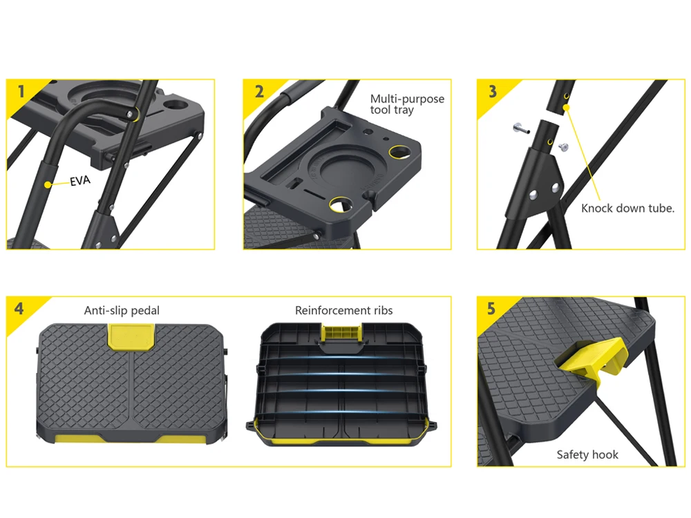 New design 800LB american Market Extra Wide heavy duty Round-Tubed Steel Ladder with Durable Plastic Step