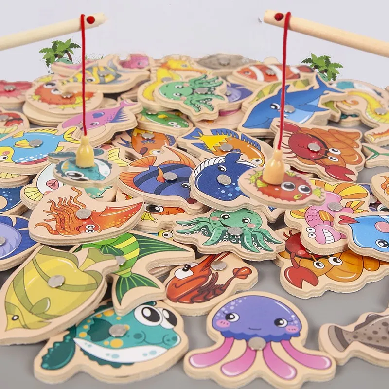 Wooden magnetic fish baby and child hands-on parent-child game kindergarten materials fishing toys