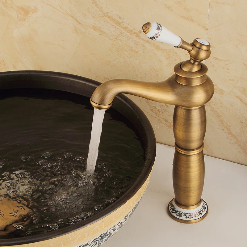 Samiyah Copper Antique European Faucet Art Basin Table Brass Faucet Bathroom Heightened Single Hole Hot And Cold Drawing Faucet