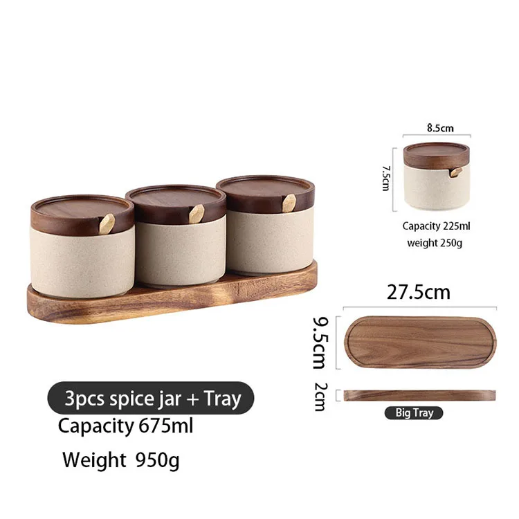 Wholesale high quality ceramic jar vintage home seasoning bottle spice container set with lid scoop wood tray