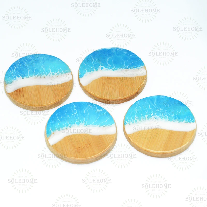 Exquisite Engraved Ocean Style Resin Bamboo Wood Coasters for Beach Wedding Favors Personalized Gifts for Guests