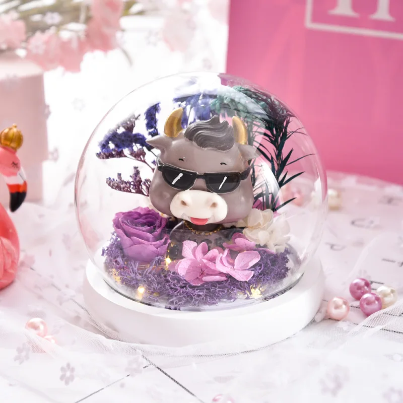 
office home decoration flower dried lucky preserved roses fortune cat with LED light fortune cat in dome glass long lasting rose 