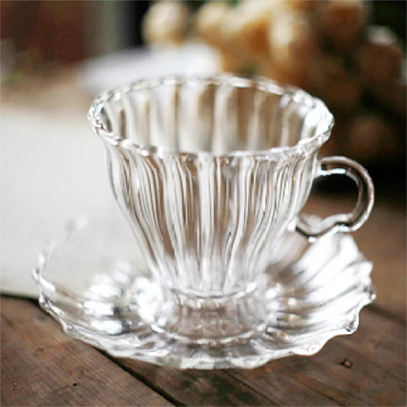 
Embossed Gold Edging Handle Glass Tea Cup With Saucer Wholesale 