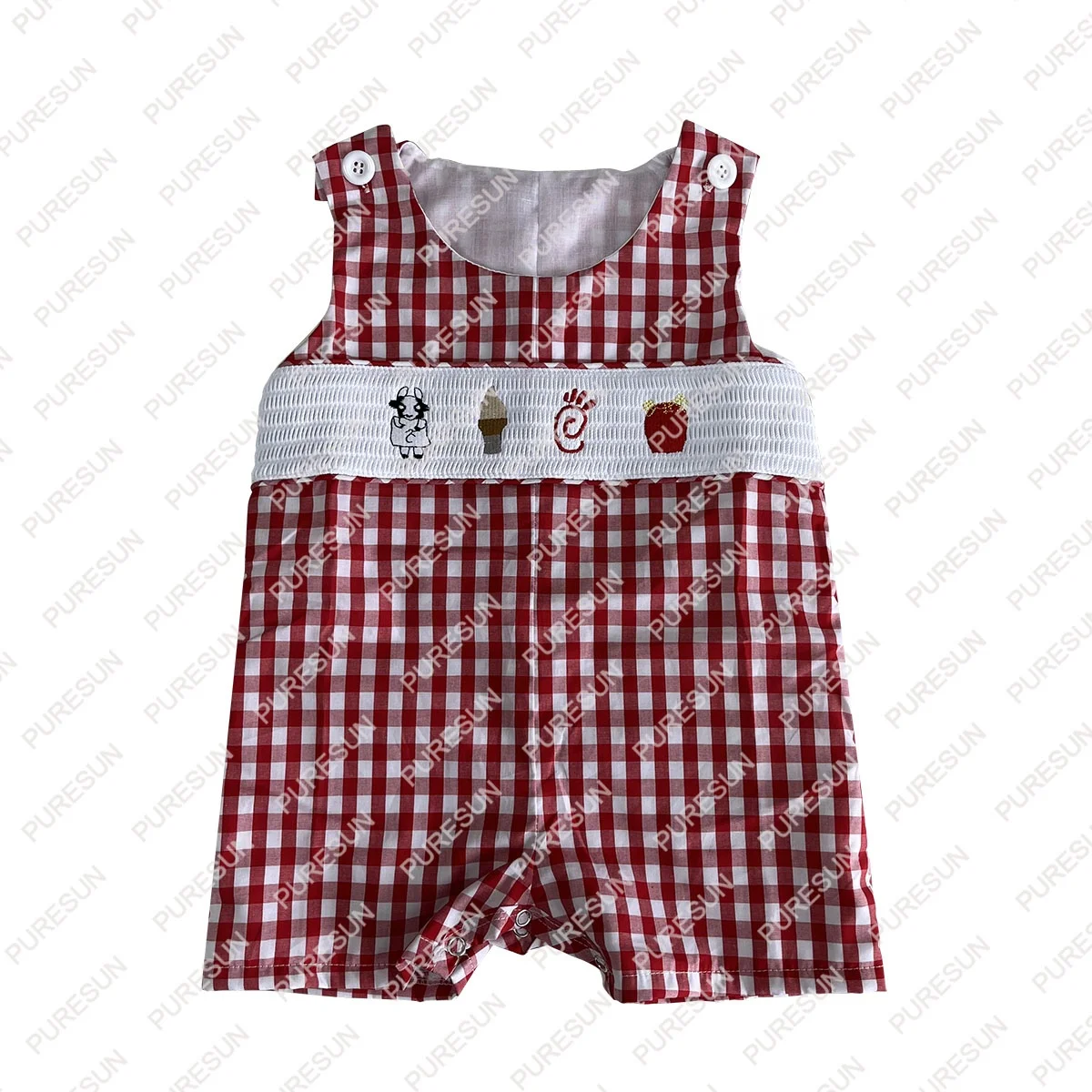 Puresun custom designs smocked baby clothes wholesale red gingham chick smocked baby girl boutique clothing set