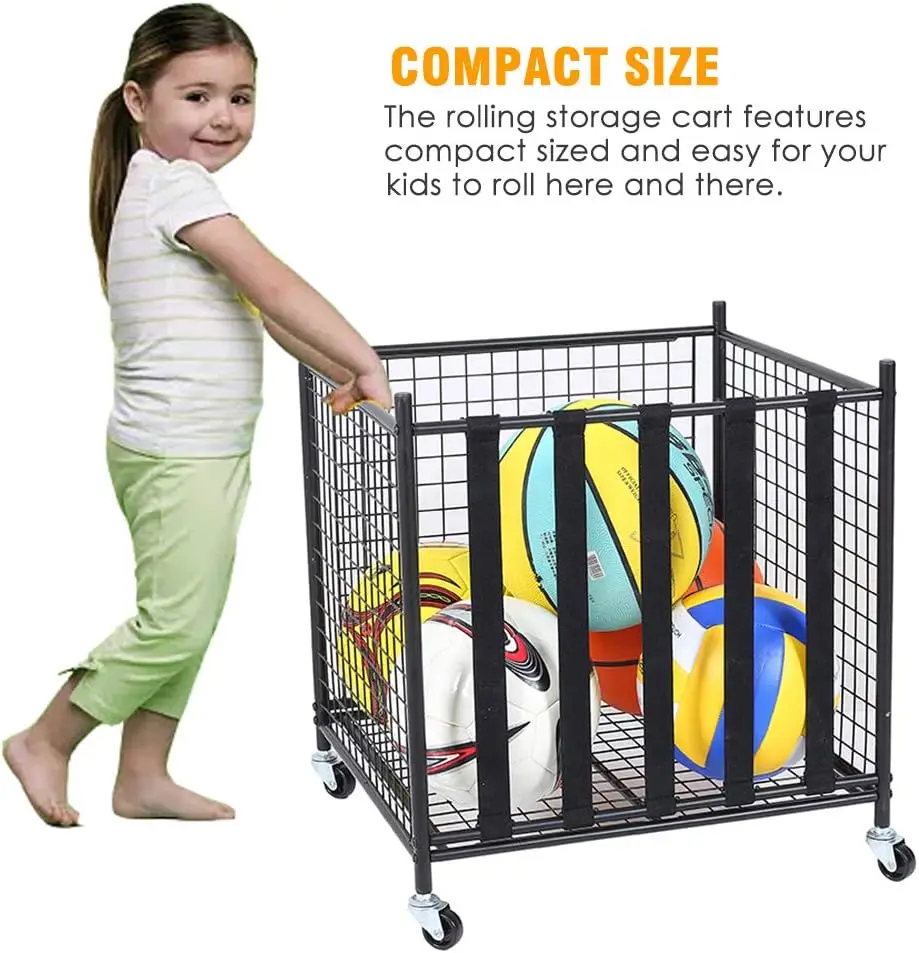 Sports Ball Storage Rolling Cart with Basket and Hooks Lockable Sports Ball Cage Storage Rack for Garages Playgroup Gym Schools