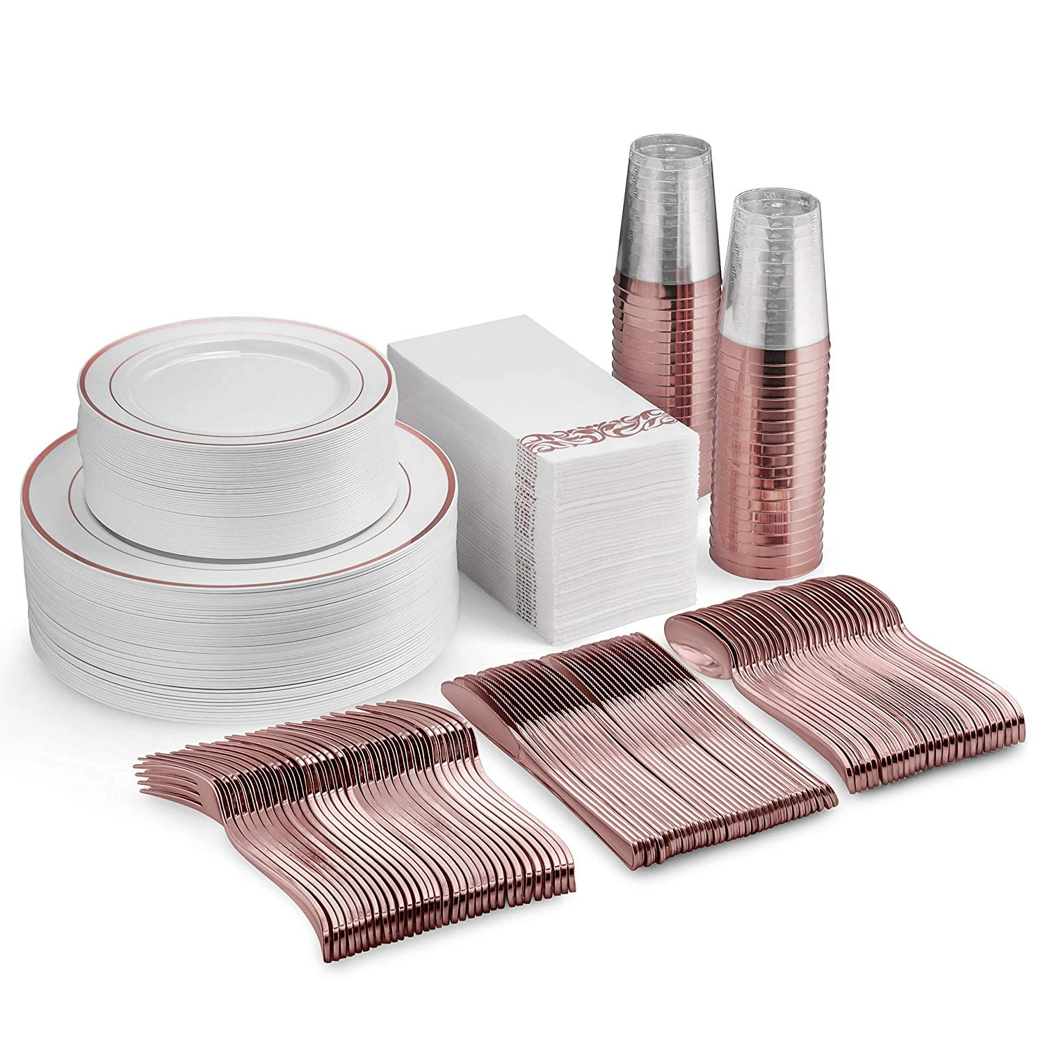 Rose Gold Plastic Plates with Disposable Cutlery Cups Napkins Dinnerware sets for Wedding Parties