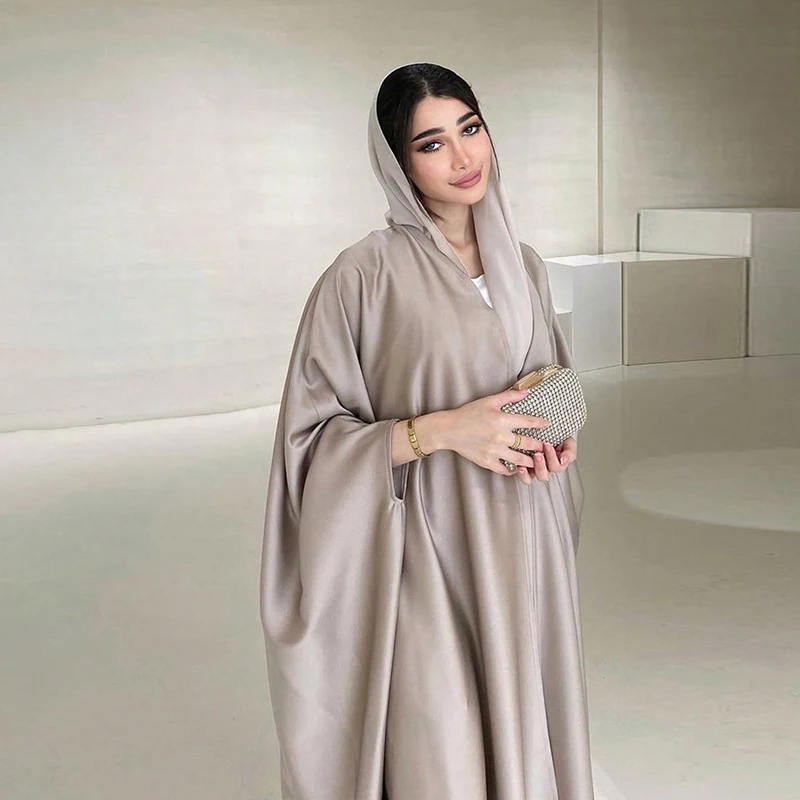 Islam Oversized Hooded Satin Open Abaya Dress 2024 Fashionable Soft-Light Satin Batwing Sleeve Hooded Abaya