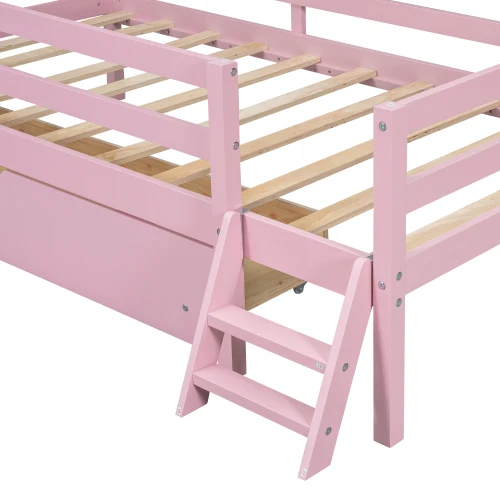 Pink wooden house theme princess bed with guardrail and drawer storage space suitable for children.
