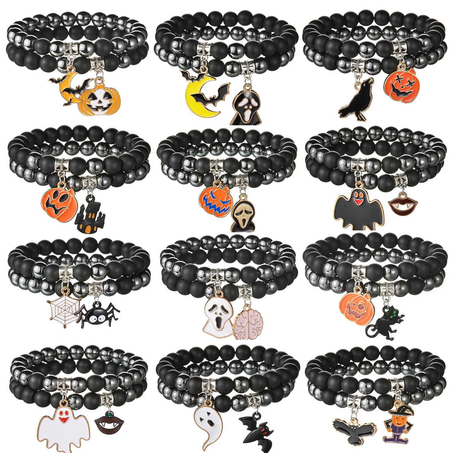 2pcs set 8mm Matte Stretch Bead Black Obsidian Bracelet Stackable Ghost Pumpkin Halloween Charm Bracelet