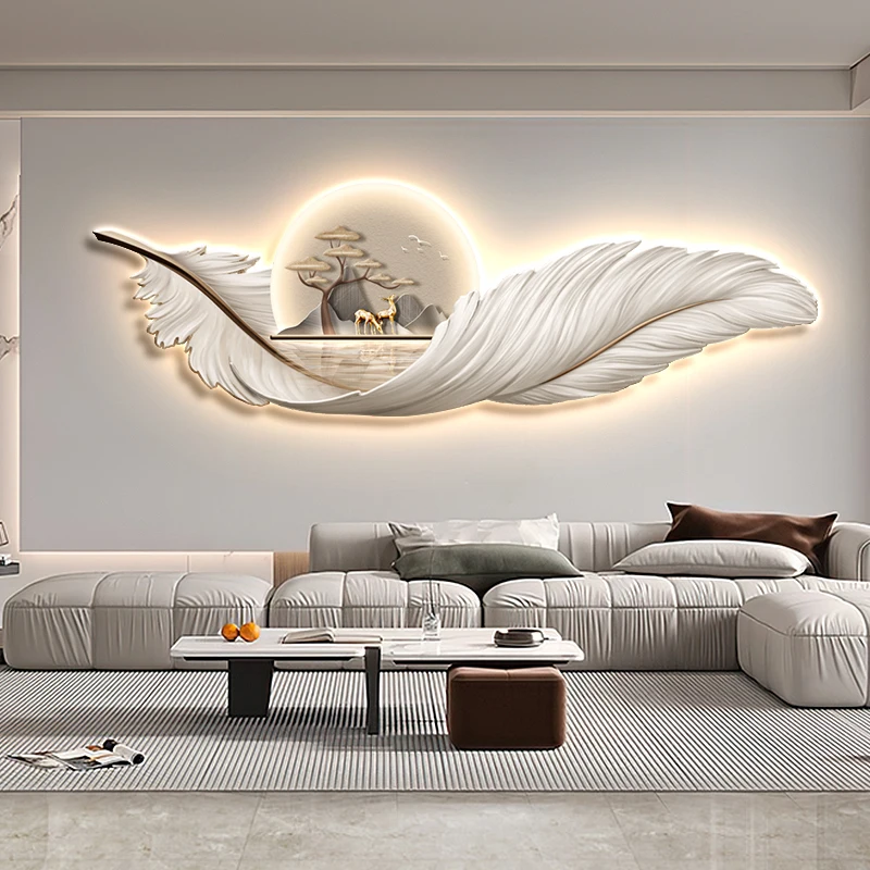 Modern Living Room Decorative Painting Feather Hanging Painting With Led Light Painting Sofa Background Wall Mural