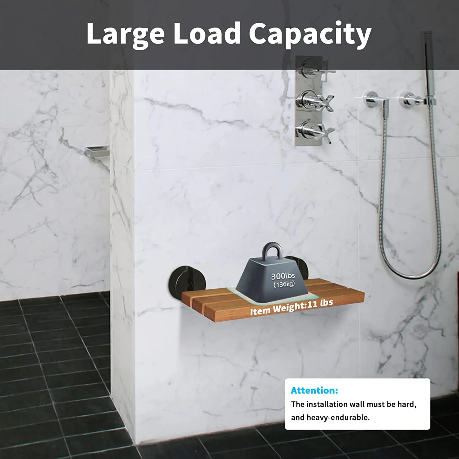 Teak Folding Wall Mounted Shower Seat for Small Shower Space with Matte Black Fitting