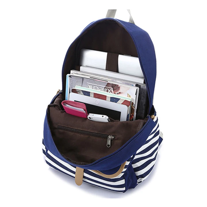 Blue Casual Canvas Backpack School Bag For Daily Use,School Life And More With Cute Stripe Patterns