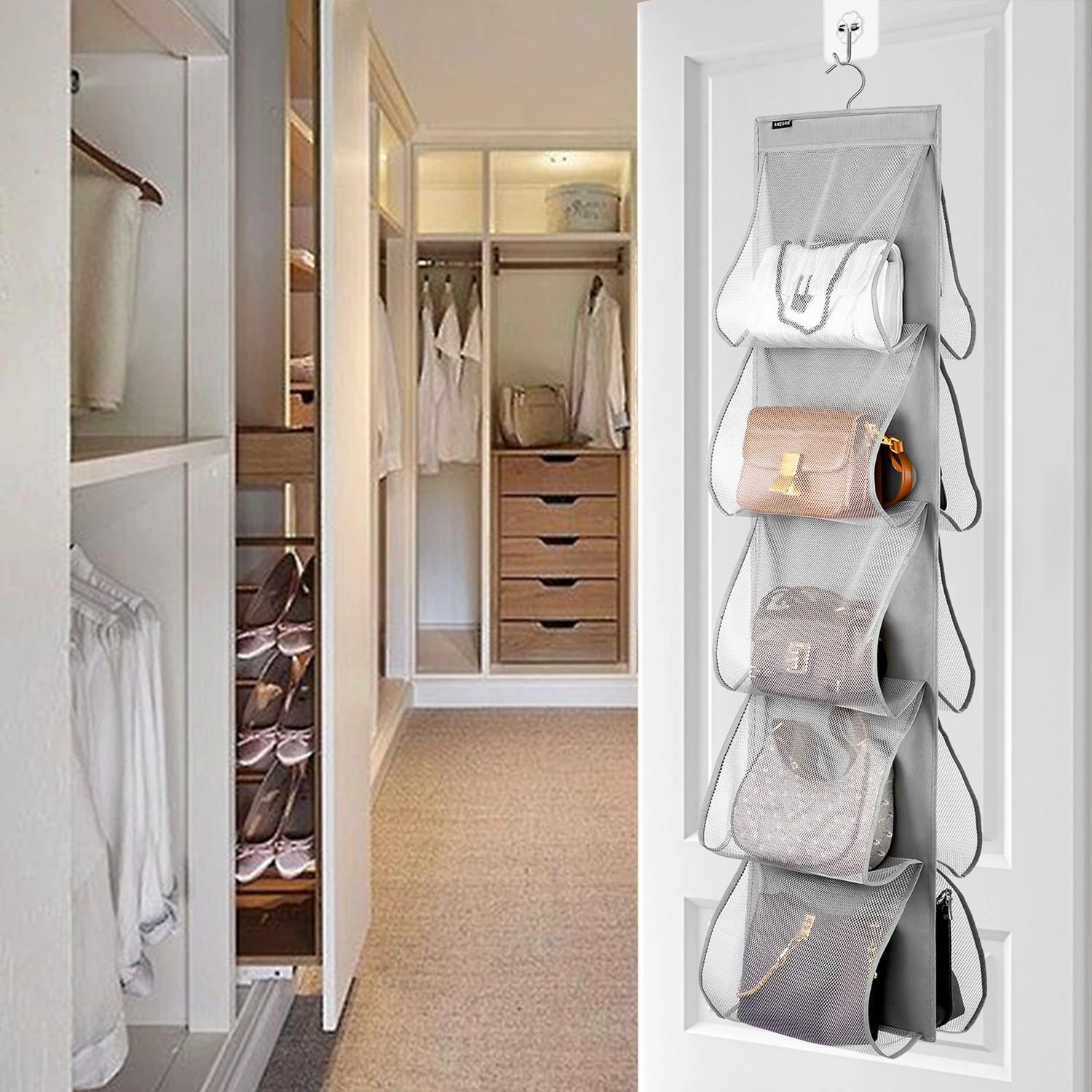 Closet Shoe Holder with 10 Large Pockets Dual Sided Hanging Handbags Organizer Towel Scarf Clothes Storage