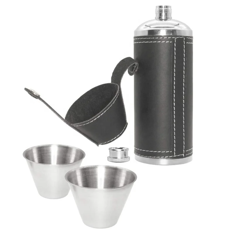 Wholesale cylinder  8oz metal stainless steel hip flask set with Leather Cover with steel cup
