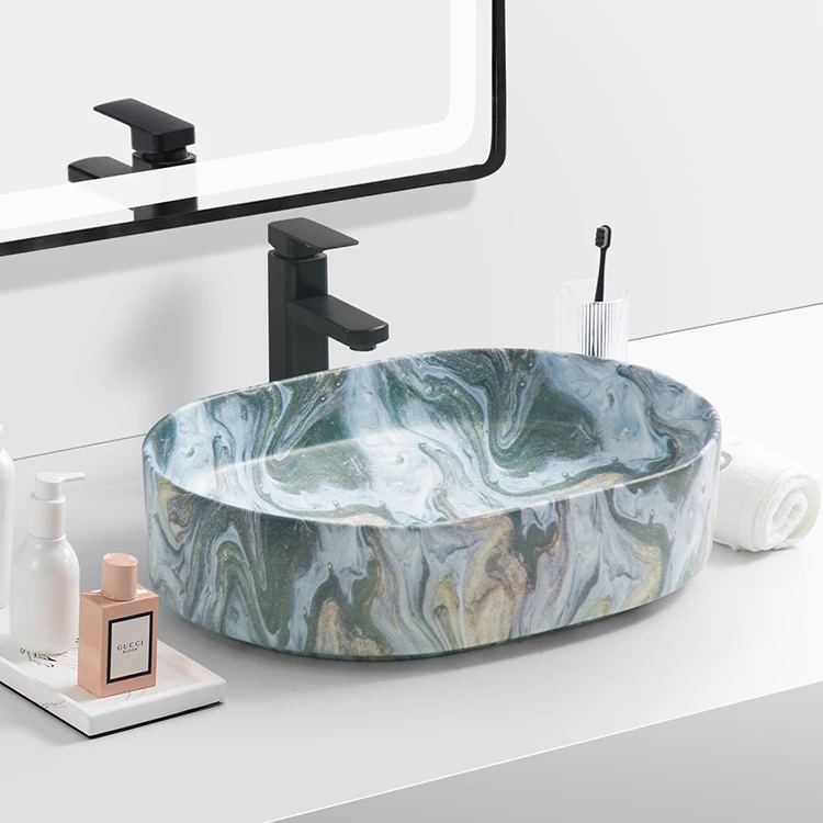 Porcelain Rectangle Shape Water Transfer Printing green watercolor Ceramic Hand Wash Basin