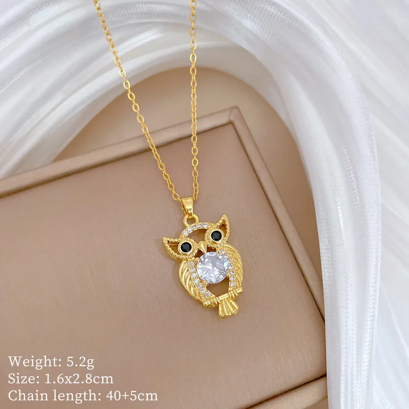 Trendy Gold Plated Stainless Steel Crystal Diamond Shining Owl Pendant Necklace Titanium steel Jewelry for Women Girls