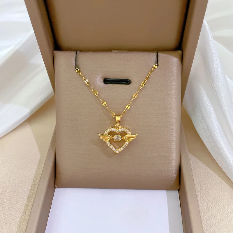 In Stock Valentines Day Angel Wings Necklace Gold Plated Stainless Steel Dangle Zircon Heart Necklace
