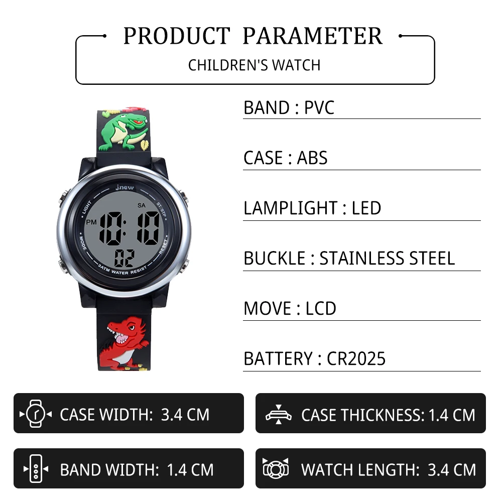 JNEW factory direct sales little dinosaur 3D cartoon digital watch 7 color LED children watch