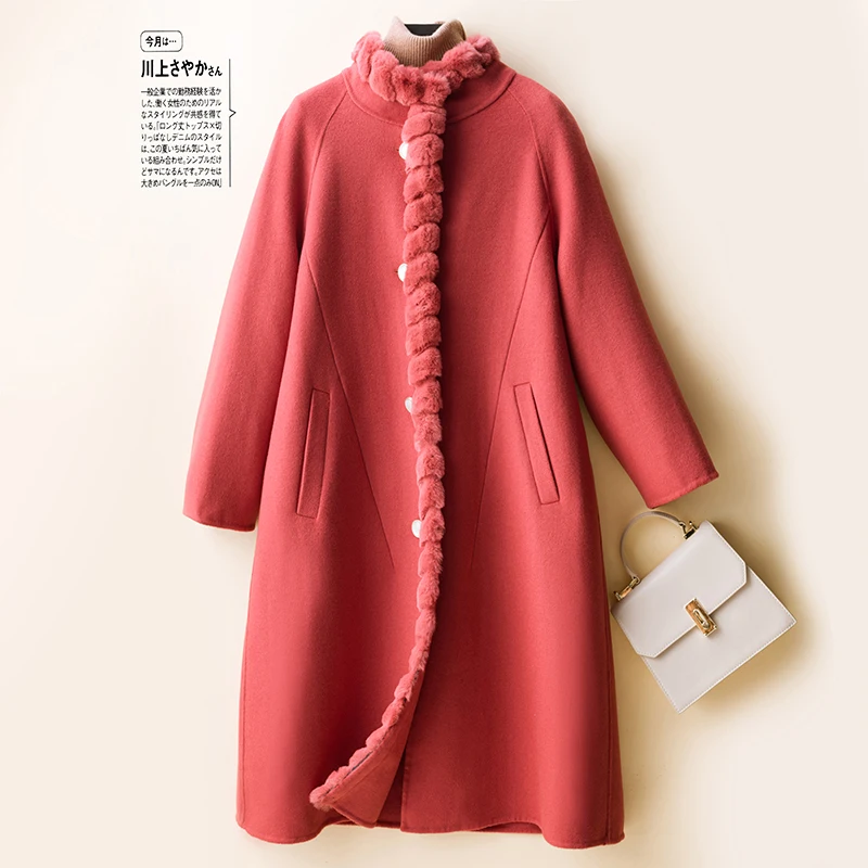 
2020 New Trendy Fashion Women Double Face Fur Neck Overcoat Long Thick Wool Ladies Coat 