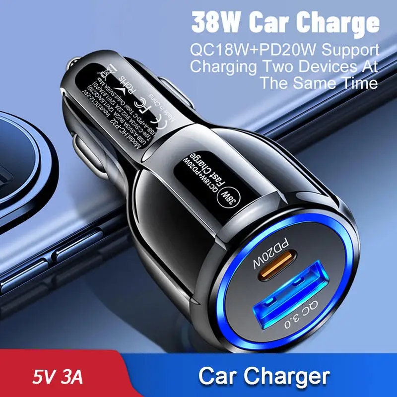 USB C Car Charger 38W 5V3A Type PD Quick Charge 3.0 Cigarette Lighter Phone Adapter For Phone 12 13 Pro Xiaomi Huawei Sa
