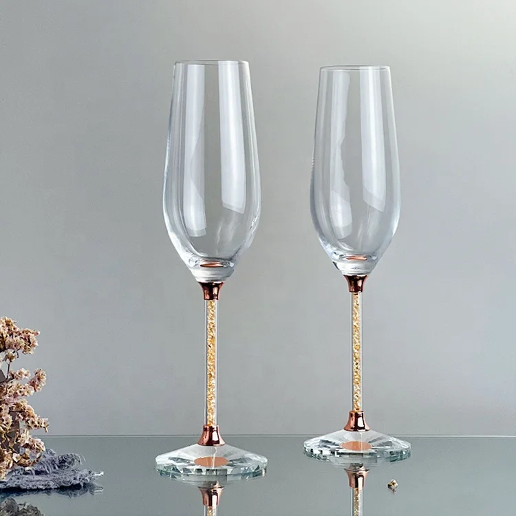 230 ml Handmade Rose Gold Diamond Long Stem Champagne Flutes Champagne Wedding Glasses Goblet